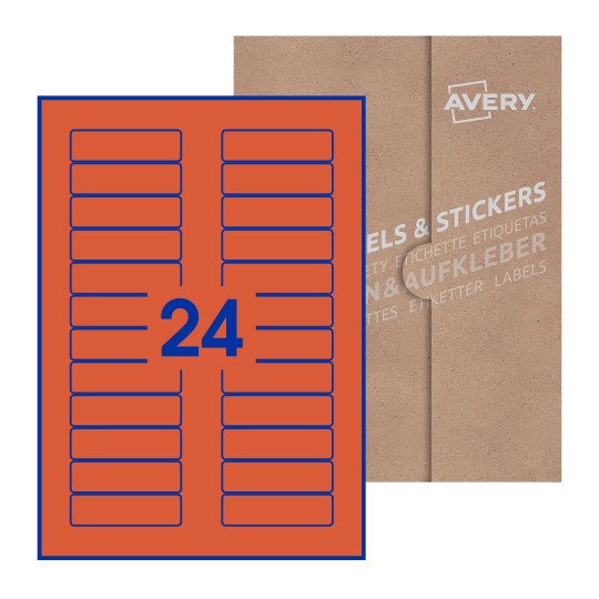 folha branca com 24 etiquetas adesivas retangulares 72x21 com caixa de embalagem de papel - Etiquetas adesivas retangulares Avery® 72 x 21 mm