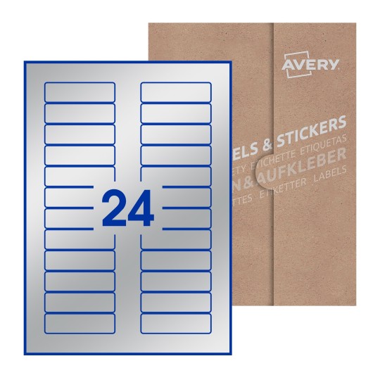 folha branca com 24 etiquetas adesivas retangulares 72x21 com caixa de embalagem de papel - Etiquetas adesivas retangulares Avery® 72 x 21 mm
