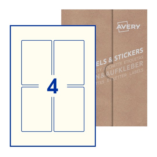 folha branca com 4 etiquetas adesivas retangulares 75x110 com caixa de embalagem de papel - Etiquetas adesivas retangulares Avery® 75 x 110 mm 
