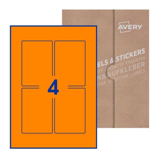 folha branca com 4 etiquetas adesivas retangulares 75x110 com caixa de embalagem de papel - Etiquetas adesivas retangulares Avery® 75 x 110 mm 