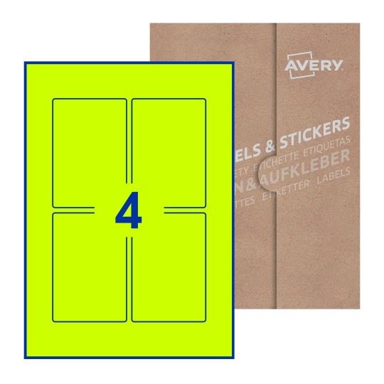 folha branca com 4 etiquetas adesivas retangulares 75x110 com caixa de embalagem de papel - Etiquetas adesivas retangulares Avery® 75 x 110 mm 