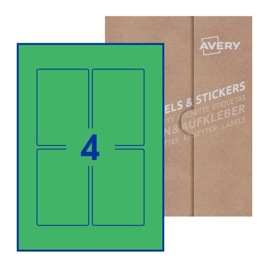 folha branca com 4 etiquetas adesivas retangulares 75x110 com caixa de embalagem de papel - Etiquetas adesivas retangulares Avery® 75 x 110 mm 