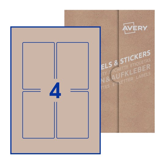 folha branca com 4 etiquetas adesivas retangulares 75x110 com caixa de embalagem de papel - Etiquetas adesivas retangulares Avery® 75 x 110 mm 