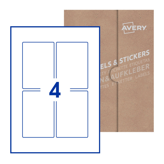 folha branca com 4 etiquetas adesivas retangulares 75x110 com caixa de embalagem de papel - Etiquetas adesivas retangulares Avery® 75 x 110 mm 