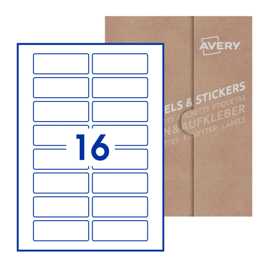 folha branca com 16 etiquetas adesivas retangulares 80x30 com caixa de embalagem de papel - Etiquetas adesivas retangulares Avery® 80 x 30 mm