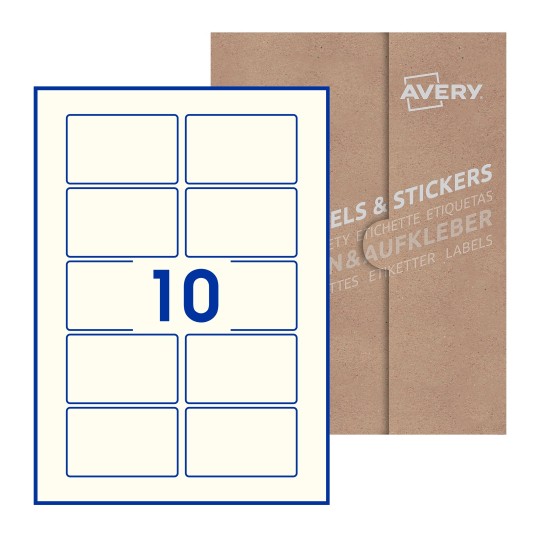 folha branca com 10 etiquetas adesivas retangulares 80x50 com caixa de embalagem de papel - Etiquetas adesivas retangulares Avery® 80 x 50 mm