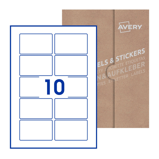 folha branca com 10 etiquetas adesivas retangulares 80x50 com caixa de embalagem de papel - Etiquetas adesivas retangulares Avery® 80 x 50 mm