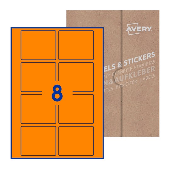 folha branca com 8 etiquetas adesivas retangulares 80x67 com caixa de embalagem de papel - Etiquetas adesivas retangulares Avery® 80 x 67 mm