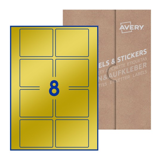 folha branca com 8 etiquetas adesivas retangulares 80x67 com caixa de embalagem de papel - Etiquetas adesivas retangulares Avery® 80 x 67 mm