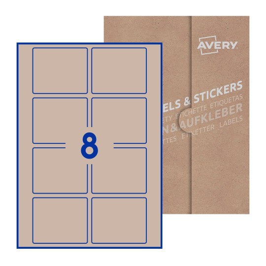 folha branca com 8 etiquetas adesivas retangulares 80x67 com caixa de embalagem de papel - Etiquetas adesivas retangulares Avery® 80 x 67 mm