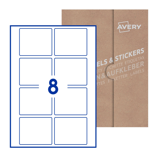 folha branca com 8 etiquetas adesivas retangulares 80x67 com caixa de embalagem de papel - Etiquetas adesivas retangulares Avery® 80 x 67 mm