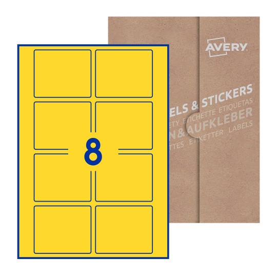 folha branca com 8 etiquetas adesivas retangulares 80x67 com caixa de embalagem de papel - Etiquetas adesivas retangulares Avery® 80 x 67 mm