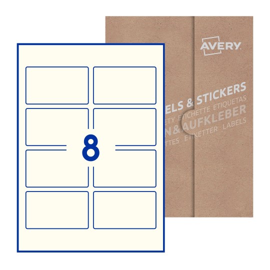 folha branca com 10 etiquetas adesivas retangulares 90x54 com caixa de embalagem de papel - Etiquetas adesivas retangulares Avery® 90 x 54 mm
