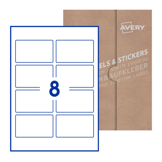 folha branca com 10 etiquetas adesivas retangulares 90x54 com caixa de embalagem de papel - Etiquetas adesivas retangulares Avery® 90 x 54 mm