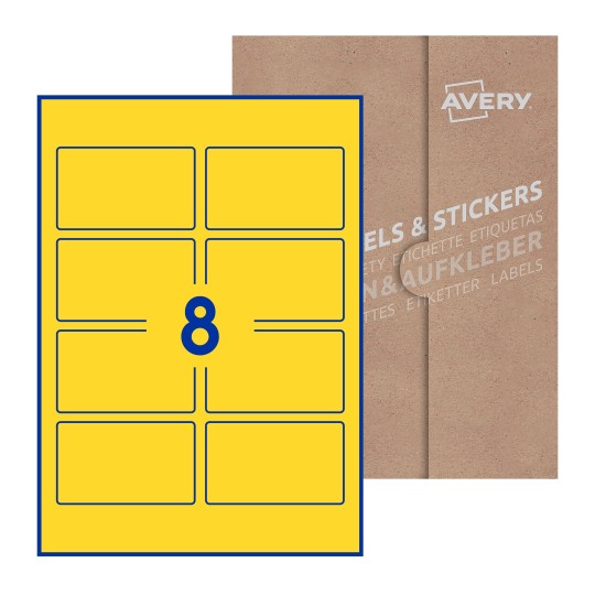 folha branca com 10 etiquetas adesivas retangulares 90x54 com caixa de embalagem de papel - Etiquetas adesivas retangulares Avery® 90 x 54 mm
