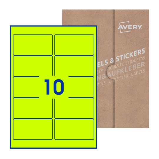 folha branca com 10 etiquetas adesivas retangulares 96x51 com caixa de embalagem de papel - Etiquetas adesivas retangulares Avery® 96 x 51 mm 