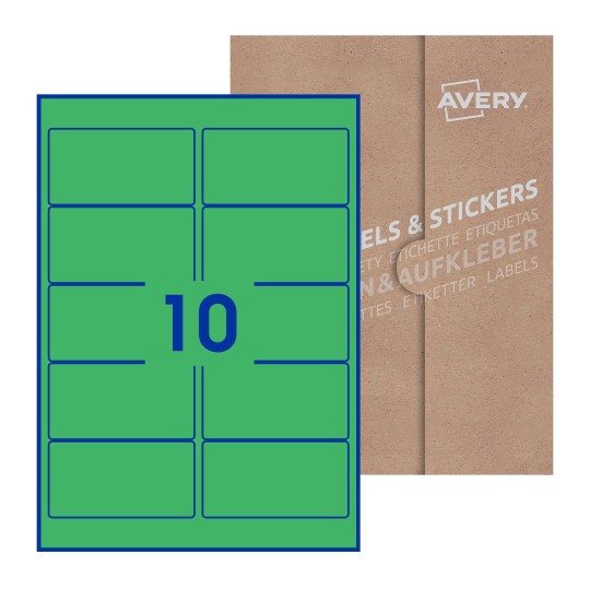folha branca com 10 etiquetas adesivas retangulares 96x51 com caixa de embalagem de papel - Etiquetas adesivas retangulares Avery® 96 x 51 mm 
