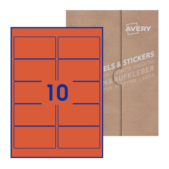 folha branca com 10 etiquetas adesivas retangulares 96x51 com caixa de embalagem de papel - Etiquetas adesivas retangulares Avery® 96 x 51 mm 