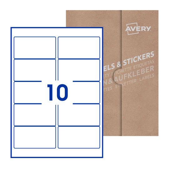 folha branca com 10 etiquetas adesivas retangulares 96x51 com caixa de embalagem de papel - Etiquetas adesivas retangulares Avery® 96 x 51 mm 