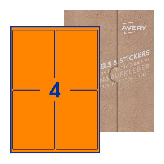 folha branca com 4 etiquetas adesivas retangulares 99x139 com caixa de embalagem de papel - Etiquetas adesivas retangulares Avery® 99 x 139 mm