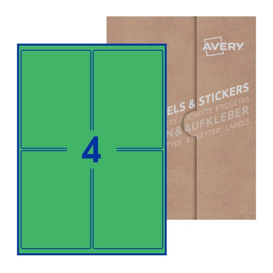 folha branca com 4 etiquetas adesivas retangulares 99x139 com caixa de embalagem de papel - Etiquetas adesivas retangulares Avery® 99 x 139 mm