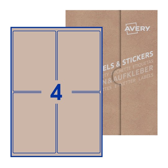 folha branca com 4 etiquetas adesivas retangulares 99x139 com caixa de embalagem de papel - Etiquetas adesivas retangulares Avery® 99 x 139 mm