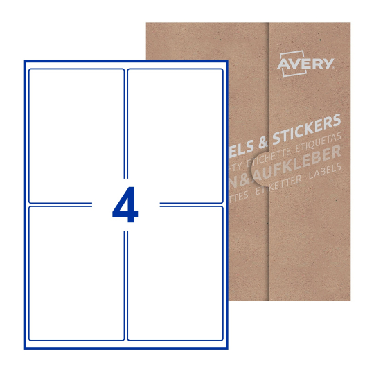 folha branca com 4 etiquetas adesivas retangulares 99x139 com caixa de embalagem de papel - Etiquetas adesivas retangulares Avery® 99 x 139 mm
