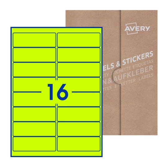 folha branca com 16 etiquetas adesivas retangulares 99x34 com caixa de embalagem de papel - Etiquetas adesivas retangulares Avery® 99 x 34 mm