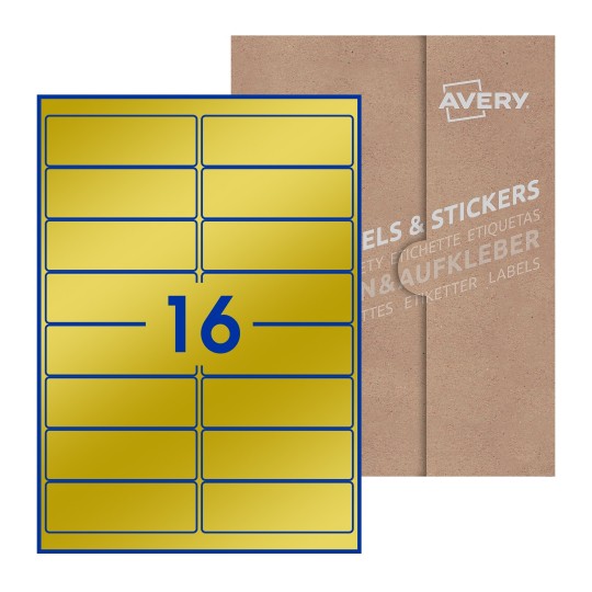 folha branca com 16 etiquetas adesivas retangulares 99x34 com caixa de embalagem de papel - Etiquetas adesivas retangulares Avery® 99 x 34 mm