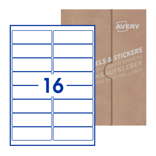 folha branca com 16 etiquetas adesivas retangulares 99x34 com caixa de embalagem de papel - Etiquetas adesivas retangulares Avery® 99 x 34 mm