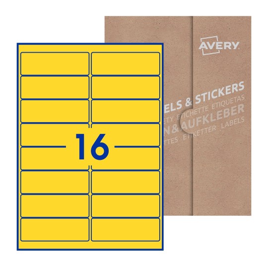 folha branca com 16 etiquetas adesivas retangulares 99x34 com caixa de embalagem de papel - Etiquetas adesivas retangulares Avery® 99 x 34 mm