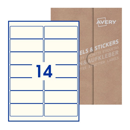 folha branca com 14 etiquetas adesivas retangulares 99x38 com caixa de embalagem de papel - Etiquetas adesivas retangulares Avery® 99 x 38 mm 