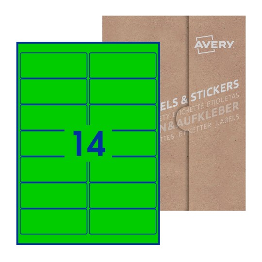 folha branca com 14 etiquetas adesivas retangulares 99x38 com caixa de embalagem de papel - Etiquetas adesivas retangulares Avery® 99 x 38 mm 