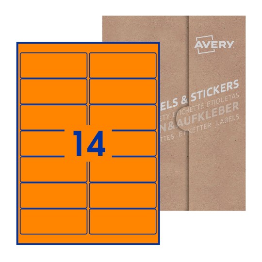 folha branca com 14 etiquetas adesivas retangulares 99x38 com caixa de embalagem de papel - Etiquetas adesivas retangulares Avery® 99 x 38 mm 