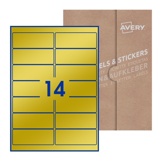 folha branca com 14 etiquetas adesivas retangulares 99x38 com caixa de embalagem de papel - Etiquetas adesivas retangulares Avery® 99 x 38 mm 