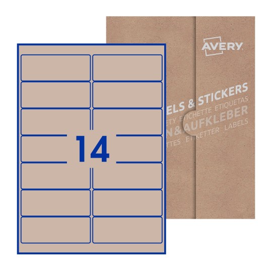 folha branca com 14 etiquetas adesivas retangulares 99x38 com caixa de embalagem de papel - Etiquetas adesivas retangulares Avery® 99 x 38 mm 