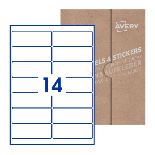folha branca com 14 etiquetas adesivas retangulares 99x38 com caixa de embalagem de papel - Etiquetas adesivas retangulares Avery® 99 x 38 mm 