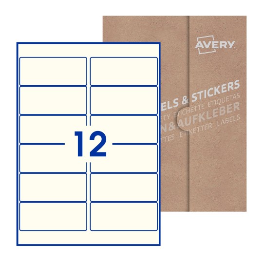 Folha branca com 12 etiquetas adesivas retangulares 99x42 com caixa de embalagem de papel - Etiquetas adesivas retangulares Avery® 99 x 42 mm 