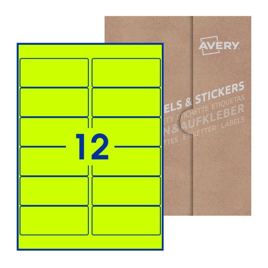 Folha branca com 12 etiquetas adesivas retangulares 99x42 com caixa de embalagem de papel - Etiquetas adesivas retangulares Avery® 99 x 42 mm 