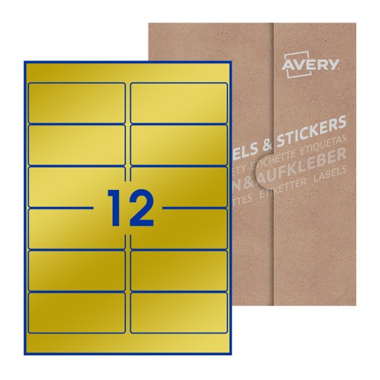 Folha branca com 12 etiquetas adesivas retangulares 99x42 com caixa de embalagem de papel - Etiquetas adesivas retangulares Avery® 99 x 42 mm 
