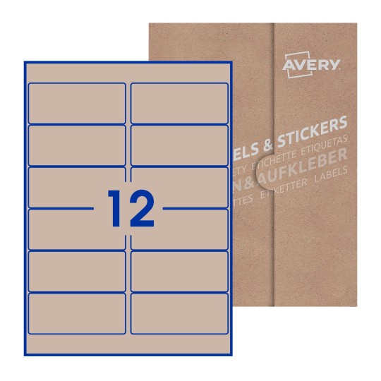 Folha branca com 12 etiquetas adesivas retangulares 99x42 com caixa de embalagem de papel - Etiquetas adesivas retangulares Avery® 99 x 42 mm 