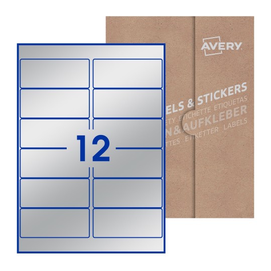 Folha branca com 12 etiquetas adesivas retangulares 99x42 com caixa de embalagem de papel - Etiquetas adesivas retangulares Avery® 99 x 42 mm 