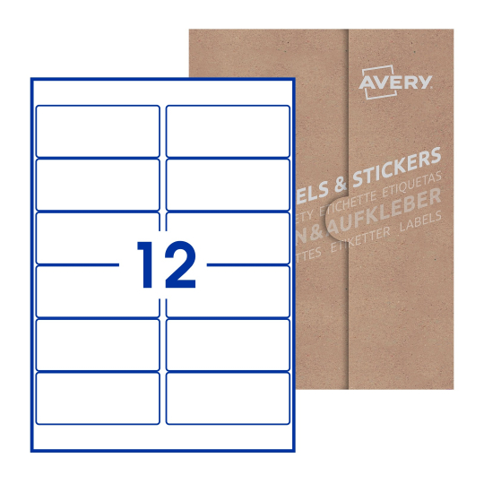 Folha branca com 12 etiquetas adesivas retangulares 99x42 com caixa de embalagem de papel - Etiquetas adesivas retangulares Avery® 99 x 42 mm 
