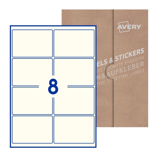 Folha branca com 8 etiquetas adesivas retangulares 99x68 com caixa de embalagem de papel - Etiquetas adesivas retangulares Avery® 99 x 68 mm