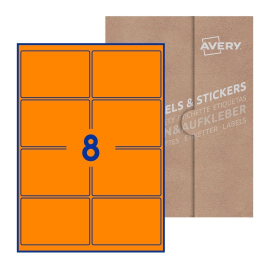 Folha branca com 8 etiquetas adesivas retangulares 99x68 com caixa de embalagem de papel - Etiquetas adesivas retangulares Avery® 99 x 68 mm