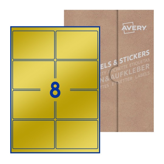 Folha branca com 8 etiquetas adesivas retangulares 99x68 com caixa de embalagem de papel - Etiquetas adesivas retangulares Avery® 99 x 68 mm