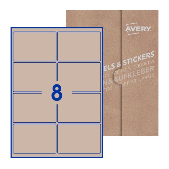 Folha branca com 8 etiquetas adesivas retangulares 99x68 com caixa de embalagem de papel - Etiquetas adesivas retangulares Avery® 99 x 68 mm