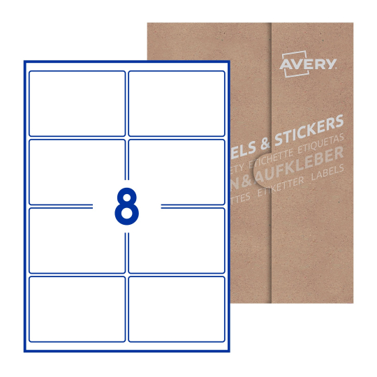 Folha branca com 8 etiquetas adesivas retangulares 99x68 com caixa de embalagem de papel - Etiquetas adesivas retangulares Avery® 99 x 68 mm