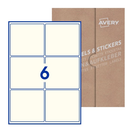Folha branca com 6 etiquetas adesivas retangulares 99x93 com caixa de embalagem de papel - Etiquetas adesivas retangulares Avery® 99 x 93 mm