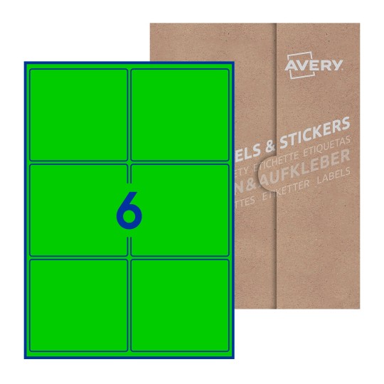 Folha branca com 6 etiquetas adesivas retangulares 99x93 com caixa de embalagem de papel - Etiquetas adesivas retangulares Avery® 99 x 93 mm